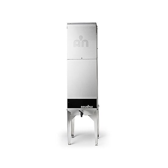 The image features a tall, freestanding silver AquaNui water distiller standing against a plain white background.
