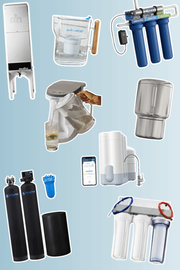 This image features a collage of various water filtration systems, including countertop pitchers, under-sink units, and whole-house filtration setups.