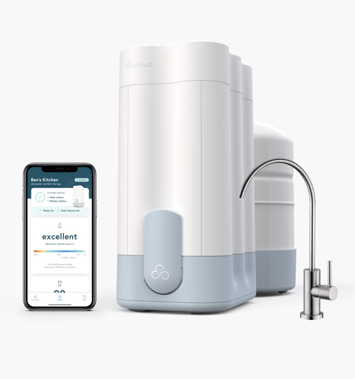 The image showcases a Cloud RO (Reverse Osmosis) water filtration system featuring a sleek white and light blue main unit, a storage tank, a dedicated faucet, and a smartphone displaying an "excellent" water quality status.