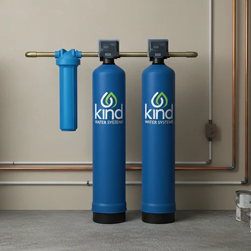 The image displays a Kind Water Systems whole-house setup featuring two tall blue primary tanks connected by copper-colored piping, accompanied by a smaller blue pre-filter housing mounted on the left.