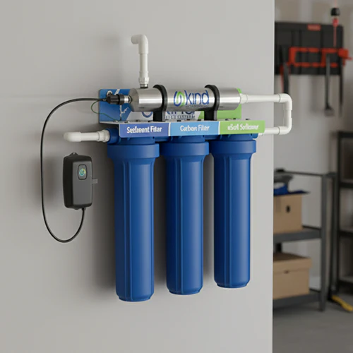 The image showcases a wall-mounted Kind water filtration and softening system, featuring three vertical blue canisters labeled as a sediment filter, carbon filter, and salt-free softener, topped with a stainless steel UV purifier.