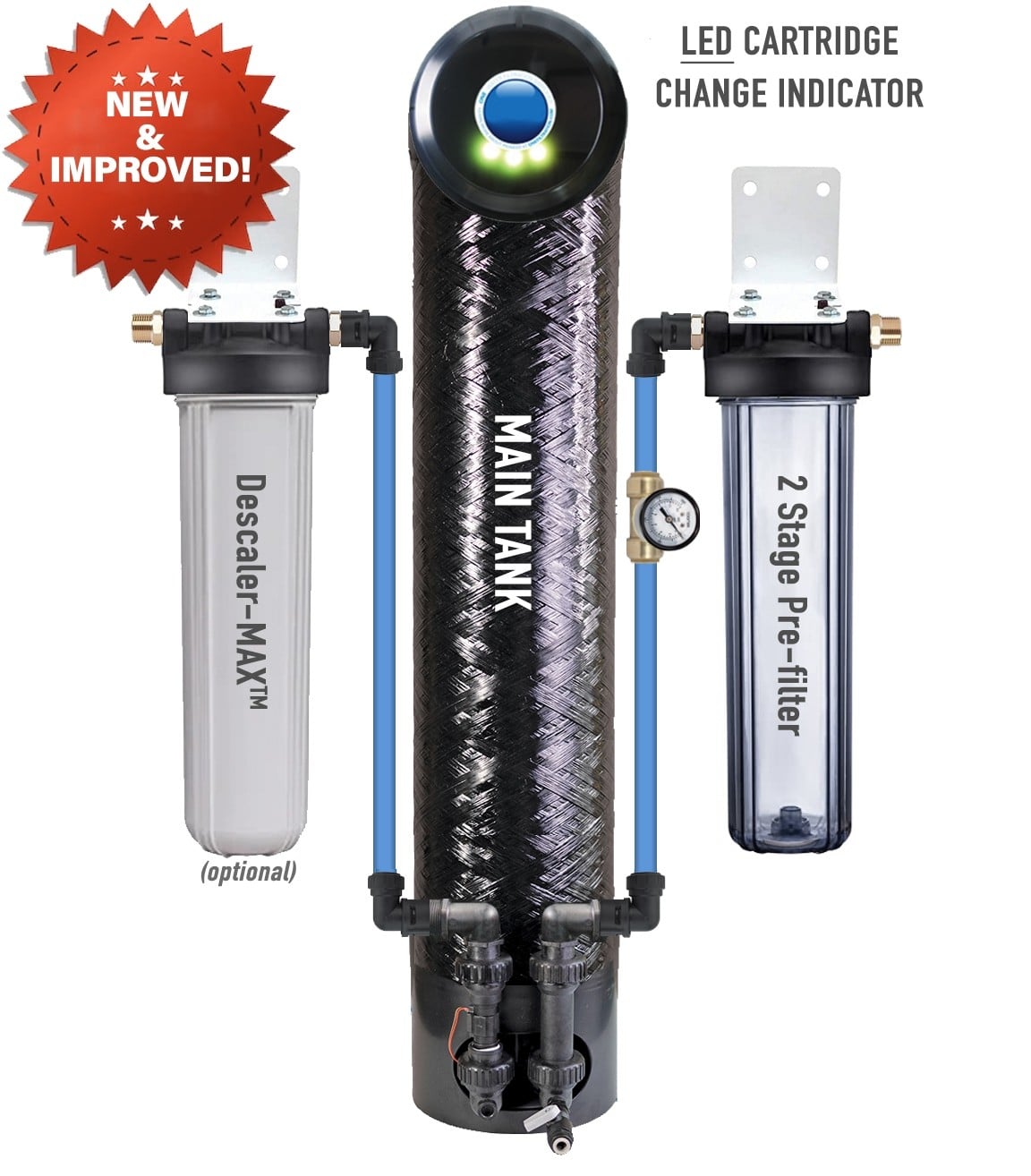 The image displays a PureEffect whole-house water filtration system featuring three tall, white vertical filter canisters mounted to a common bracket.