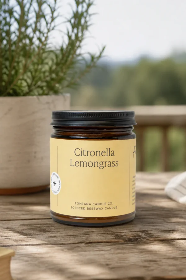 A glass jar labeled Citronella Lemongrass scented beeswax candle sits on a wooden table next to a potted plant, with greenery and a blurred outdoor background.