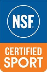 NSF Certified Sport logo featuring a blue upper section with NSF in white inside a circle, and an orange lower section with CERTIFIED SPORT in white capital letters.