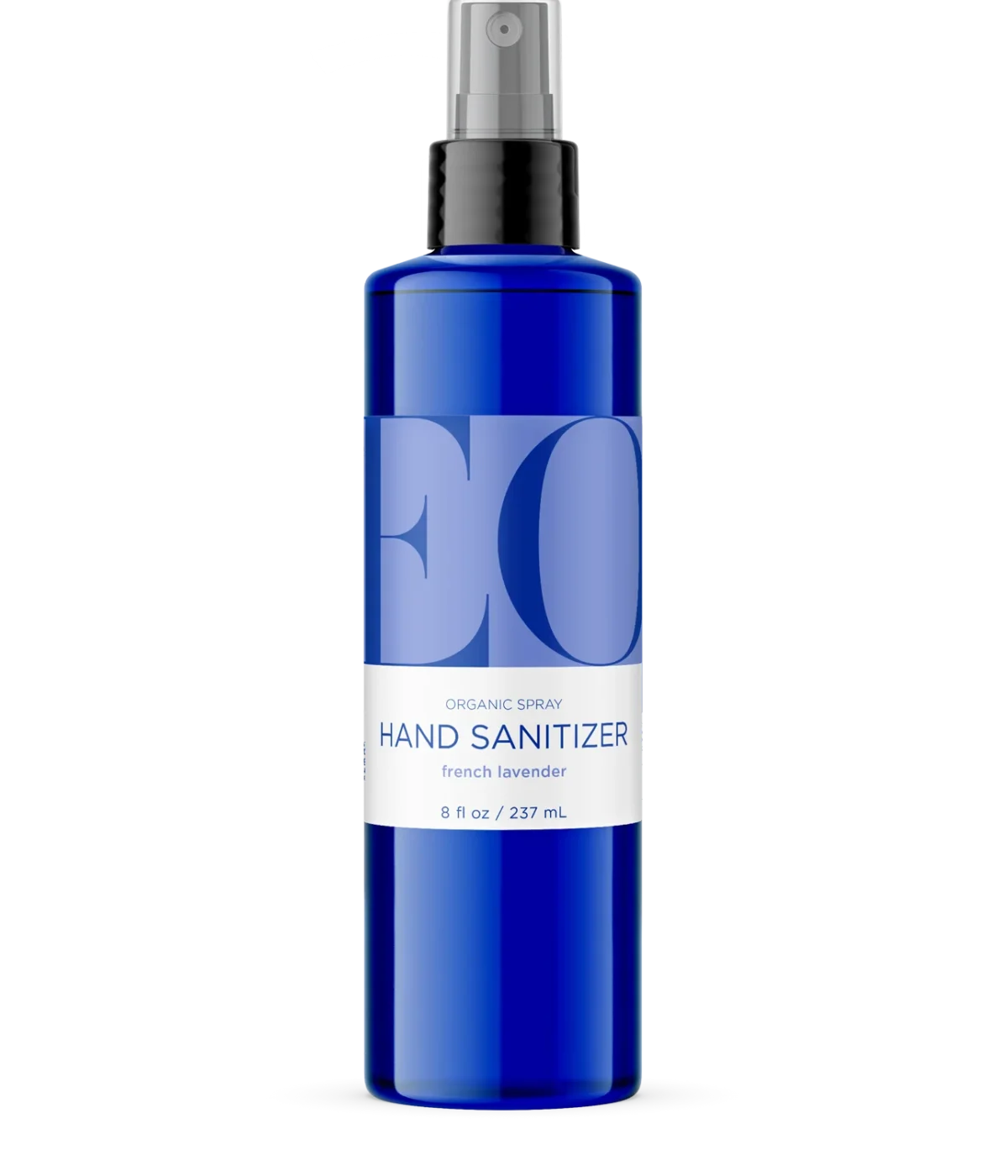 A blue 8 oz spray bottle labeled “EO Organic Spray Hand Sanitizer, French Lavender.” The label features large blue letters and white text. The bottle has a gray spray nozzle and stands against a plain white background.