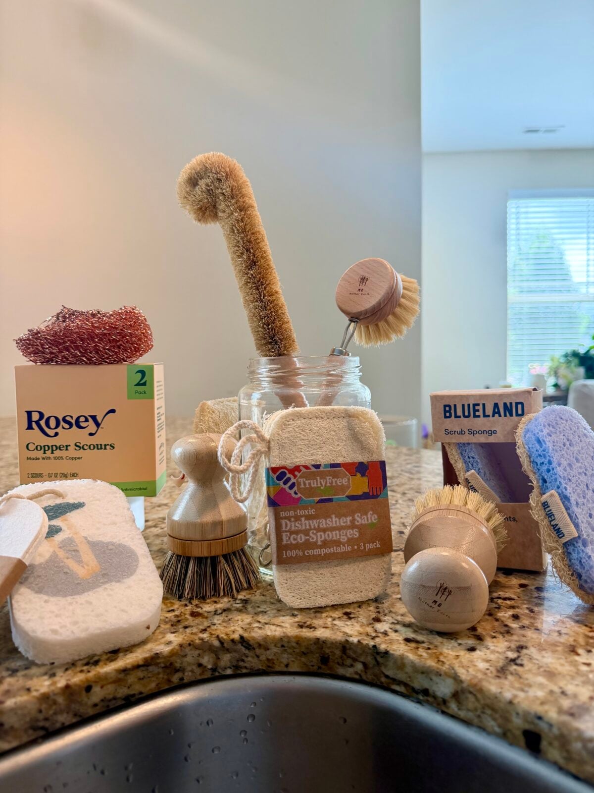 A variety of eco-friendly sponges and scrub brushes are displayed upright on a kitchen counter next to a sink, with packaging from Rosey, TrulyFree, and Blueland visible in the background.