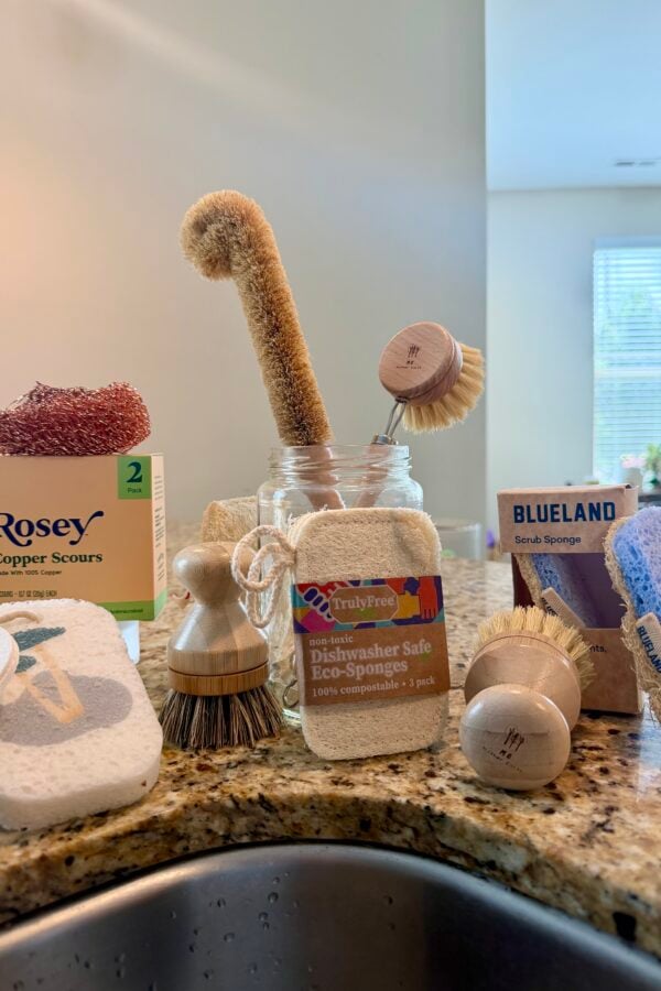 A variety of eco-friendly sponges and scrub brushes are displayed upright on a kitchen counter next to a sink, with packaging from Rosey, TrulyFree, and Blueland visible in the background.