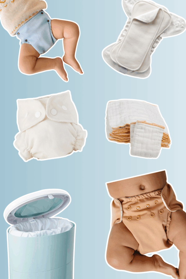 A collage of baby cloth diapers and accessories, including babies wearing snap diapers, cloth diaper inserts, folded cloths, and a diaper pail with an open lid, all on a blue gradient background.