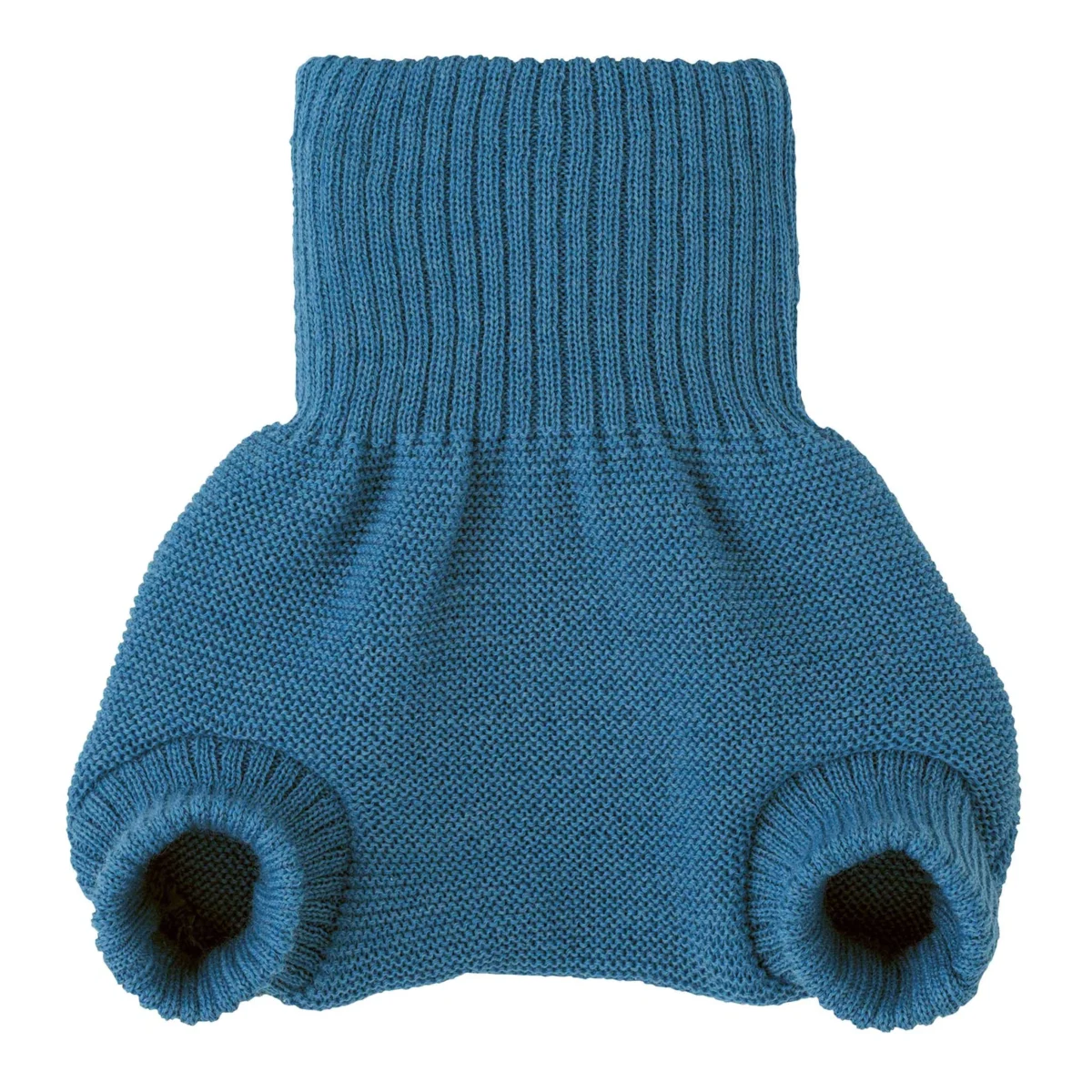 A knitted blue wool diaper cover with ribbed waistband and leg openings, laid flat on a white background.