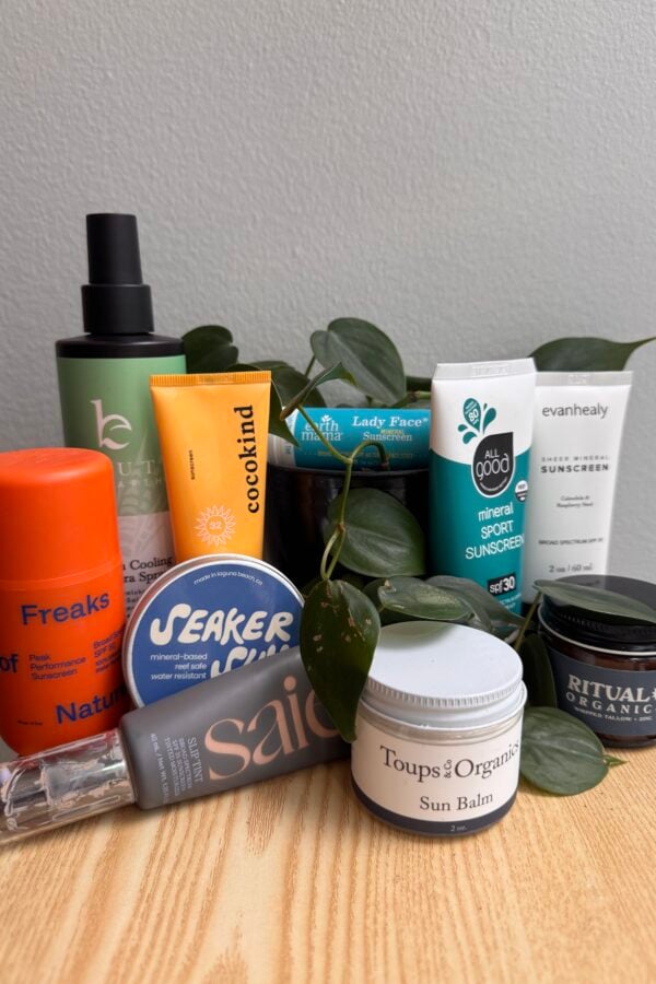 A group of skincare products, including bottles, tubes, and jars, arranged in front of a leafy green plant on a flat surface with a plain gray wall in the background.