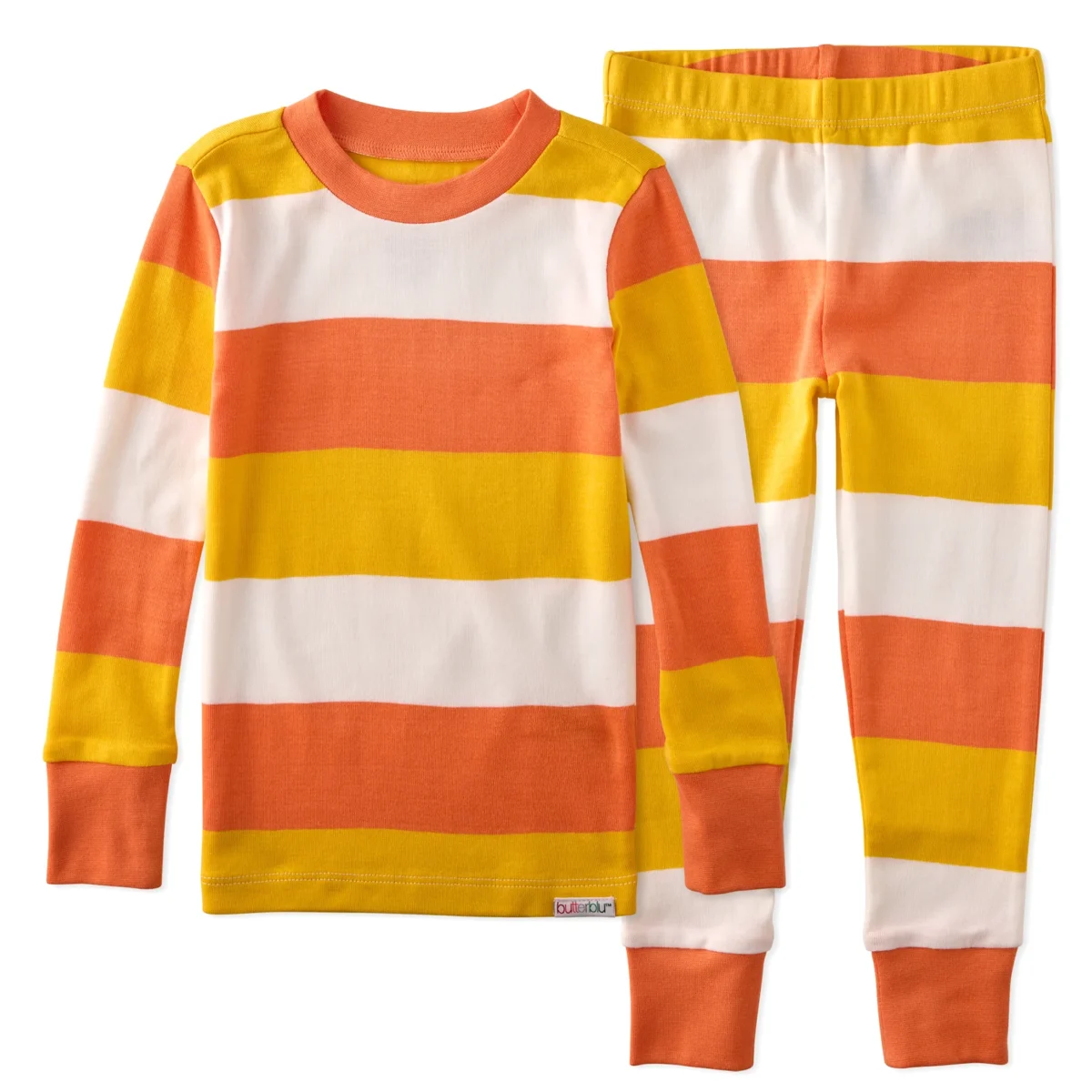 A long-sleeve childrens pajama set with horizontal orange, yellow, and white stripes. The top has a crew neckline and the pants have an elastic waistband and cuffs. Both pieces are laid flat side by side.
