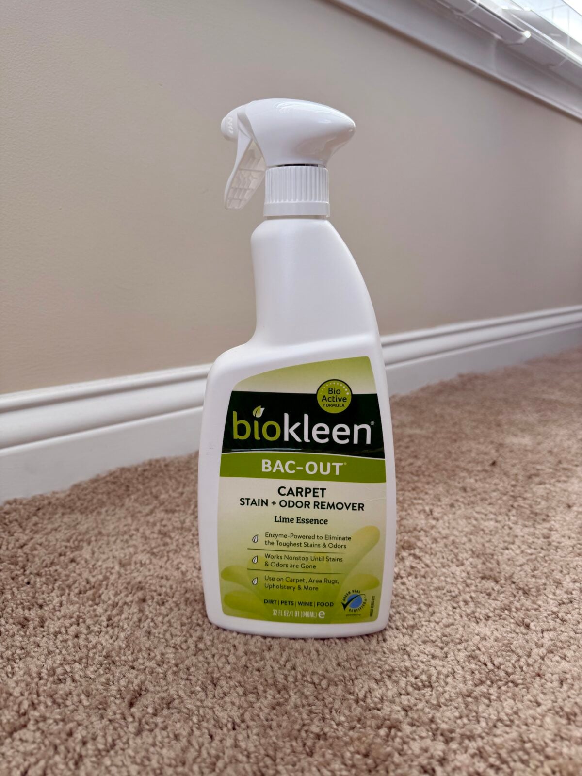 A bottle of Biokleen Bac-Out Carpet Stain and Odor Remover with Lime Essence sits on beige carpet near a white baseboard and window.