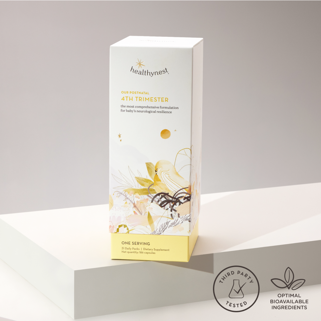 A box of healthynest 4th Trimester supplement sits on a white surface with subtle botanical illustrations. Two icons at the bottom read Third Party Tested and Optimal Bioavailable Ingredients..