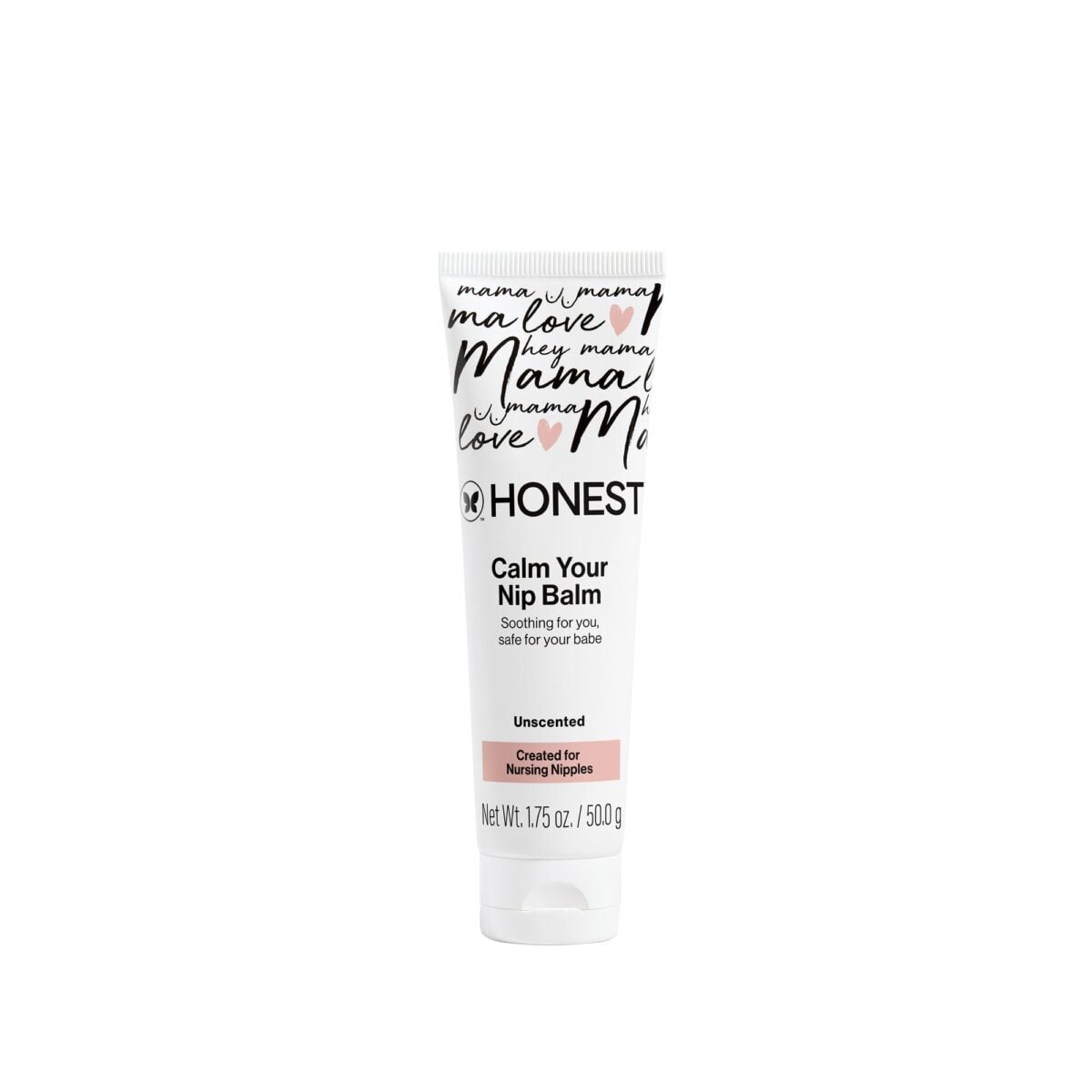 A white tube labeled Honest Calm Your Nip Balm for nursing nipples, unscented, 1.75 oz. The design features script text at the top that says mama love. The tube stands upright on a plain white background.