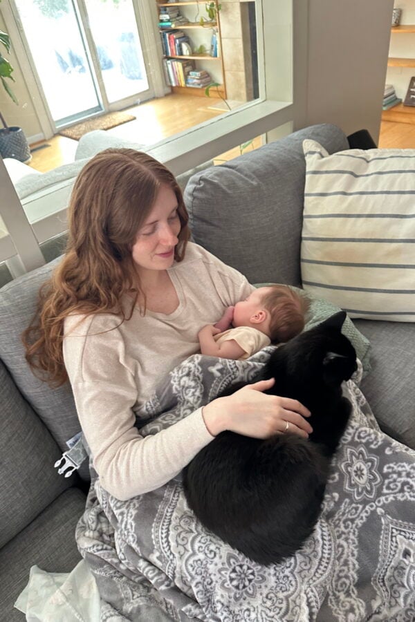 A woman sits on a gray couch breastfeeding a baby. A black cat rests on her lap, and a patterned blanket covers her legs. The background shows a bookshelf and large windows with sunlight coming in.