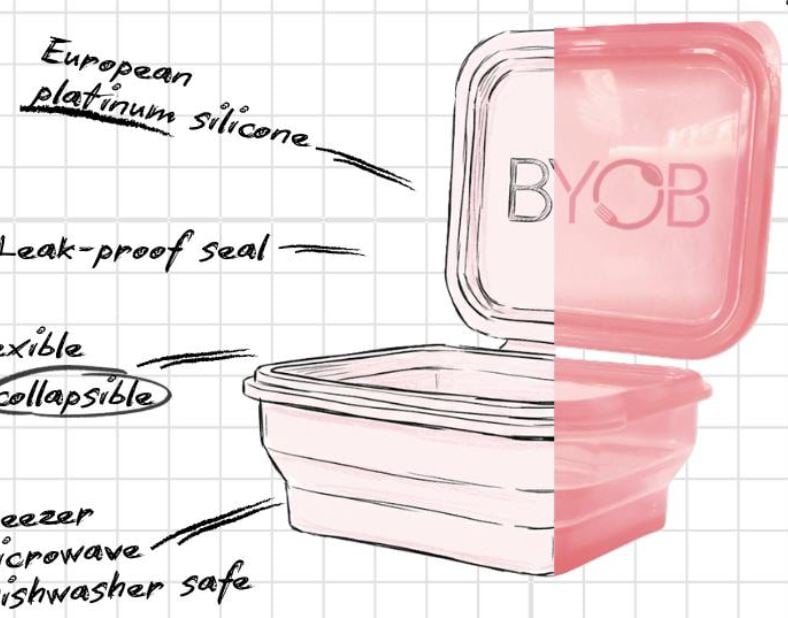 A split-style graphic showing a sketch and a pink, collapsible silicone food container labeled BYOB, with arrows pointing to text highlights: European platinum silicone, leak-proof seal, flexible, collapsible, freezer, microwave, and dishwasher safe.