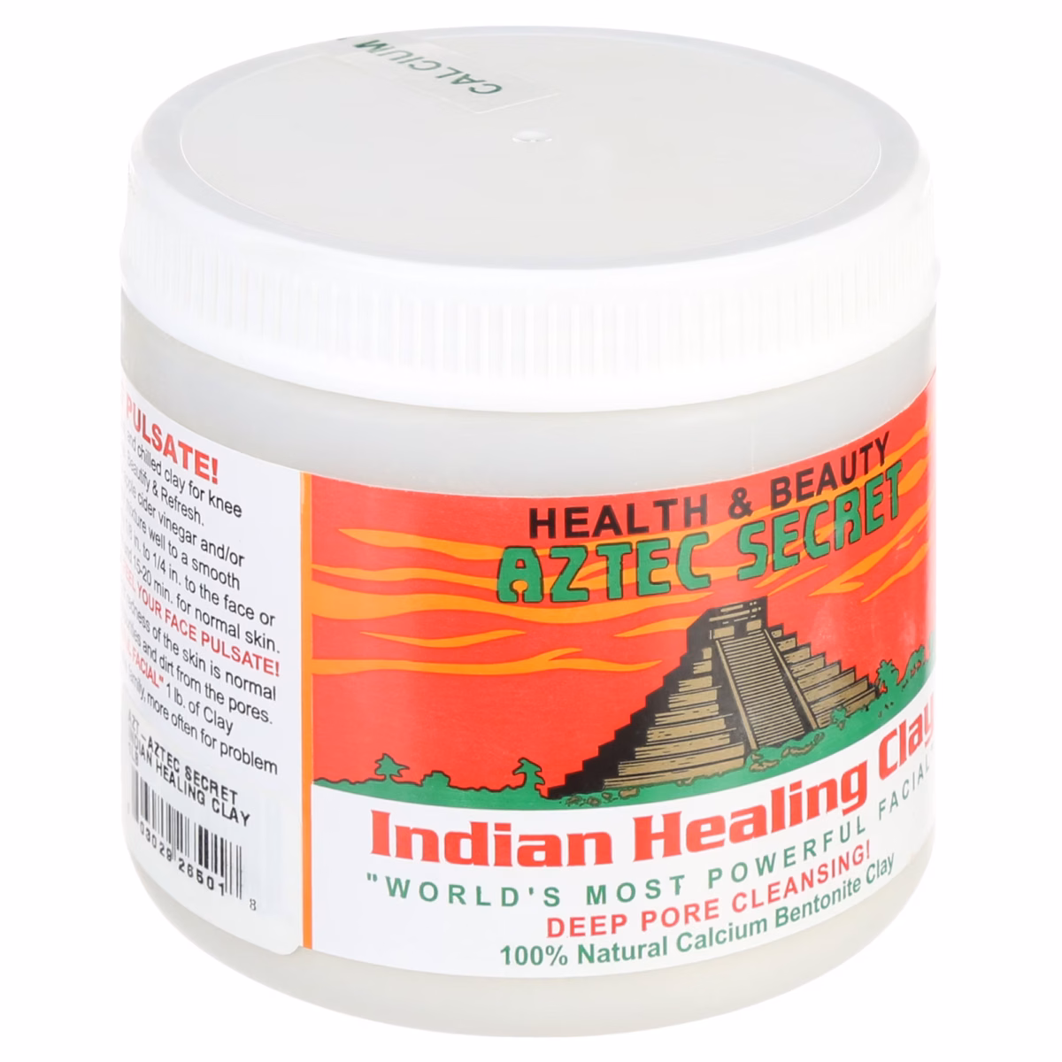 A white plastic jar of Aztec Secret Indian Healing Clay with a label featuring a pyramid illustration and product information.